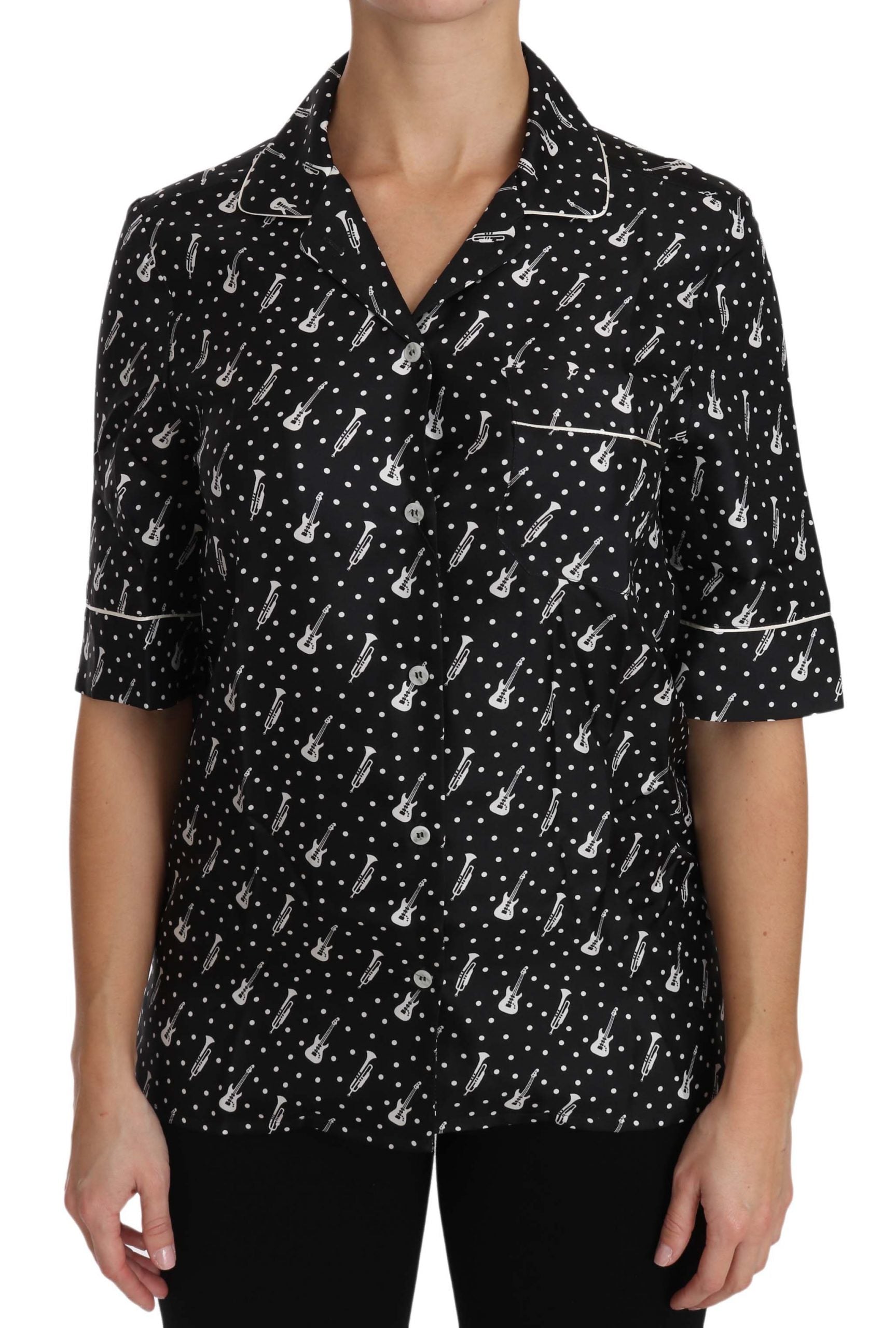 Camisa de seda con estampado de trompeta y guitarra negra de Dolce &amp; Gabbana