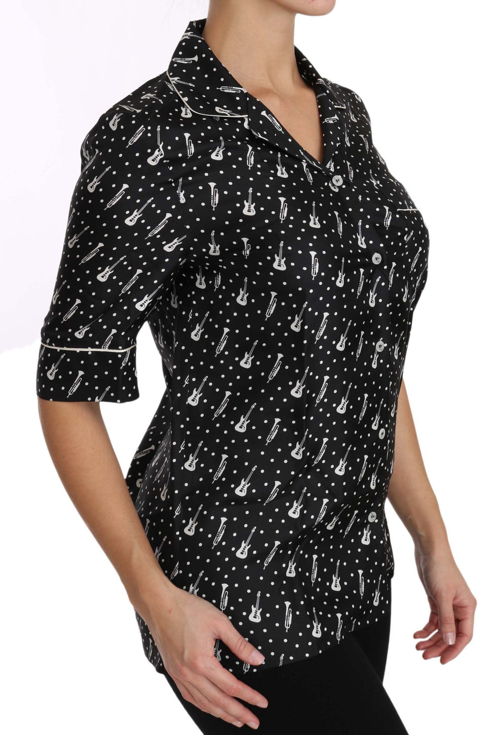 Camisa de seda con estampado de trompeta y guitarra negra de Dolce &amp; Gabbana