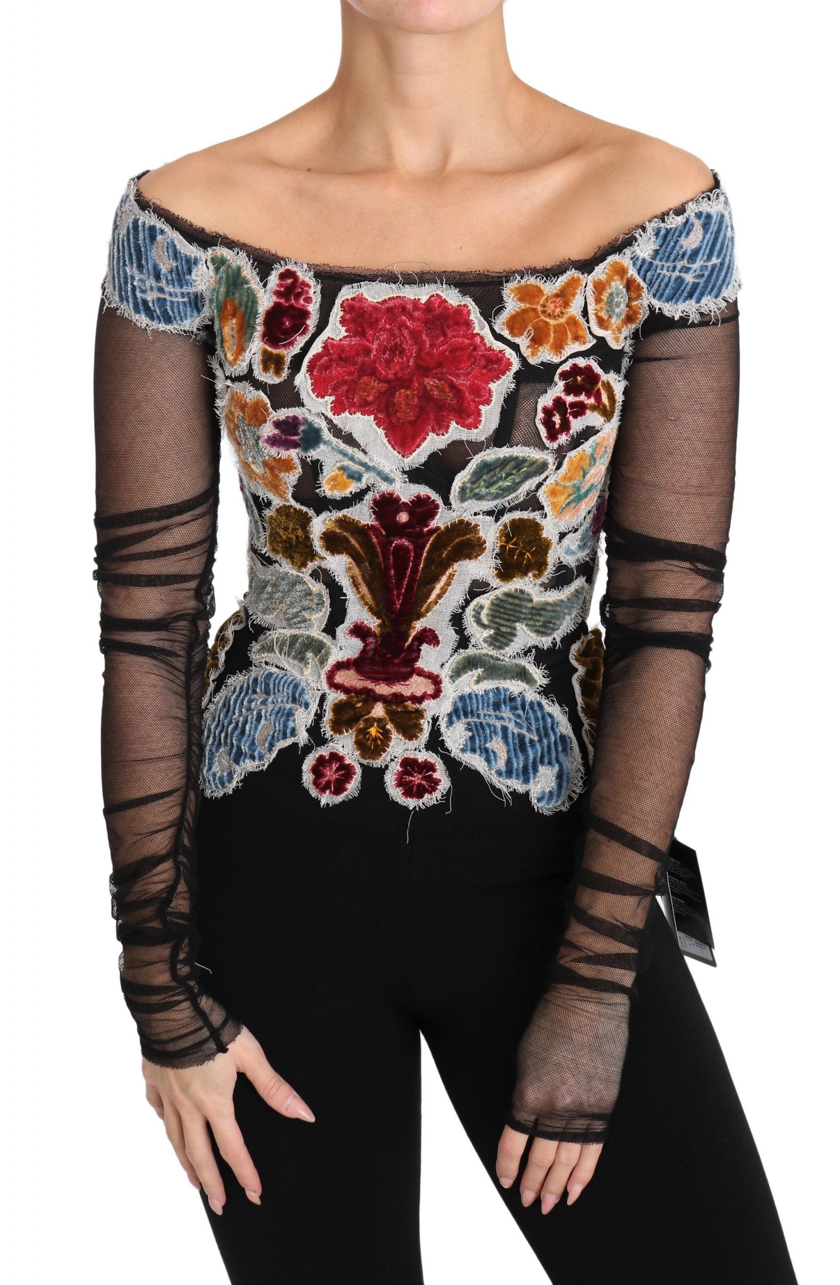 Blusa negra con estampado floral Ricamo de Dolce &amp; Gabbana