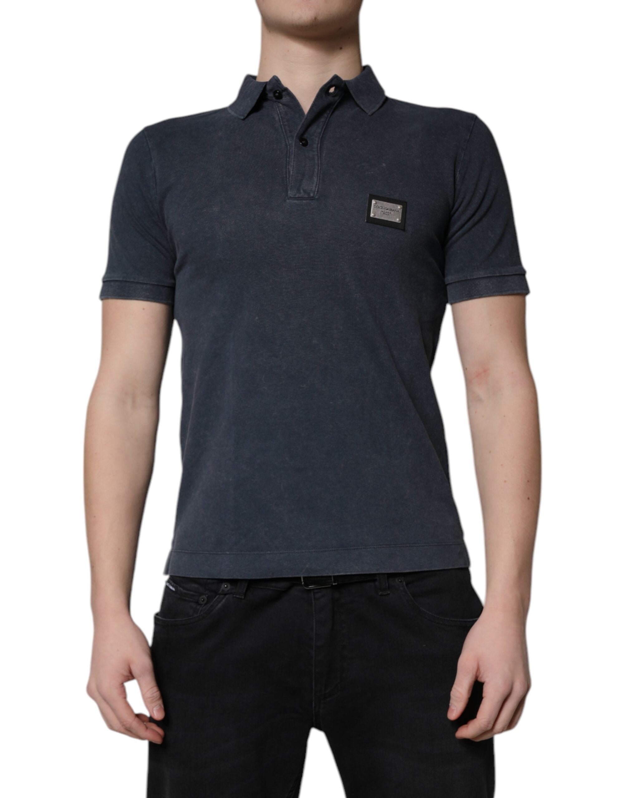 Polo de algodón con placa del logotipo azul oscuro de Dolce &amp; Gabbana para hombre