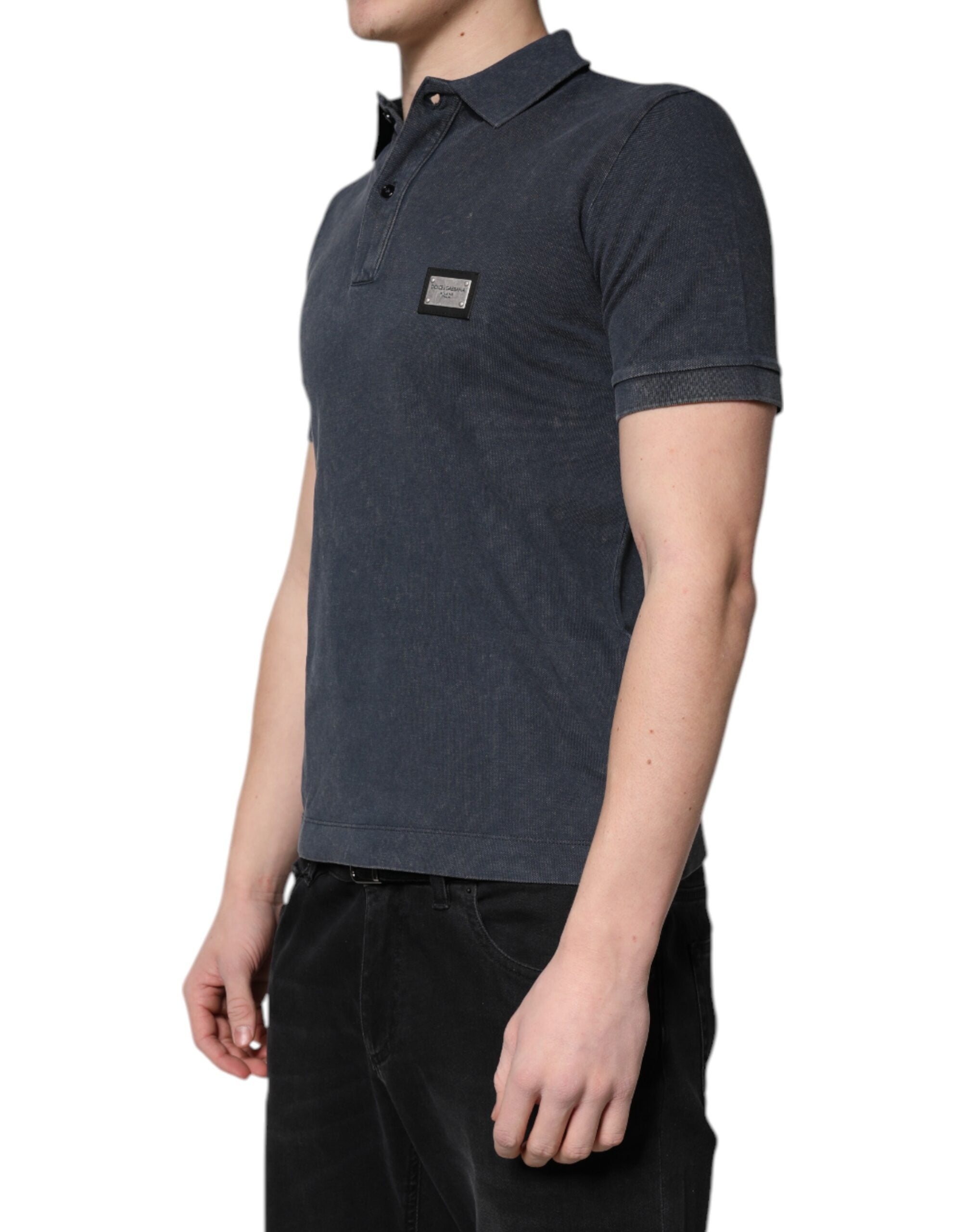 Polo de algodón con placa del logotipo azul oscuro de Dolce &amp; Gabbana para hombre