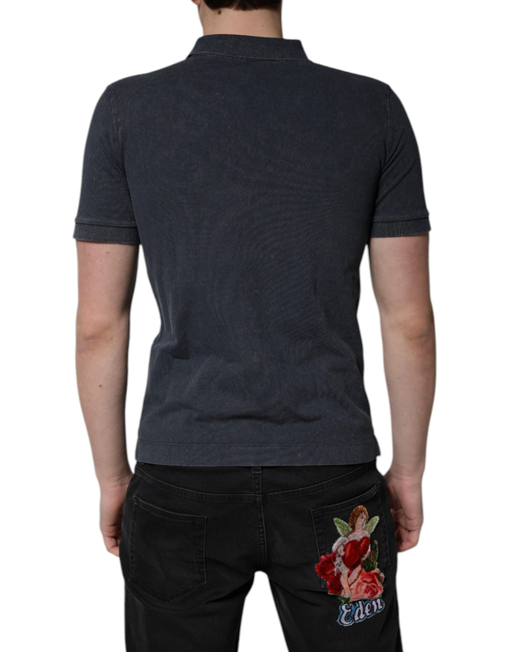 Polo de algodón con placa del logotipo azul oscuro de Dolce &amp; Gabbana para hombre