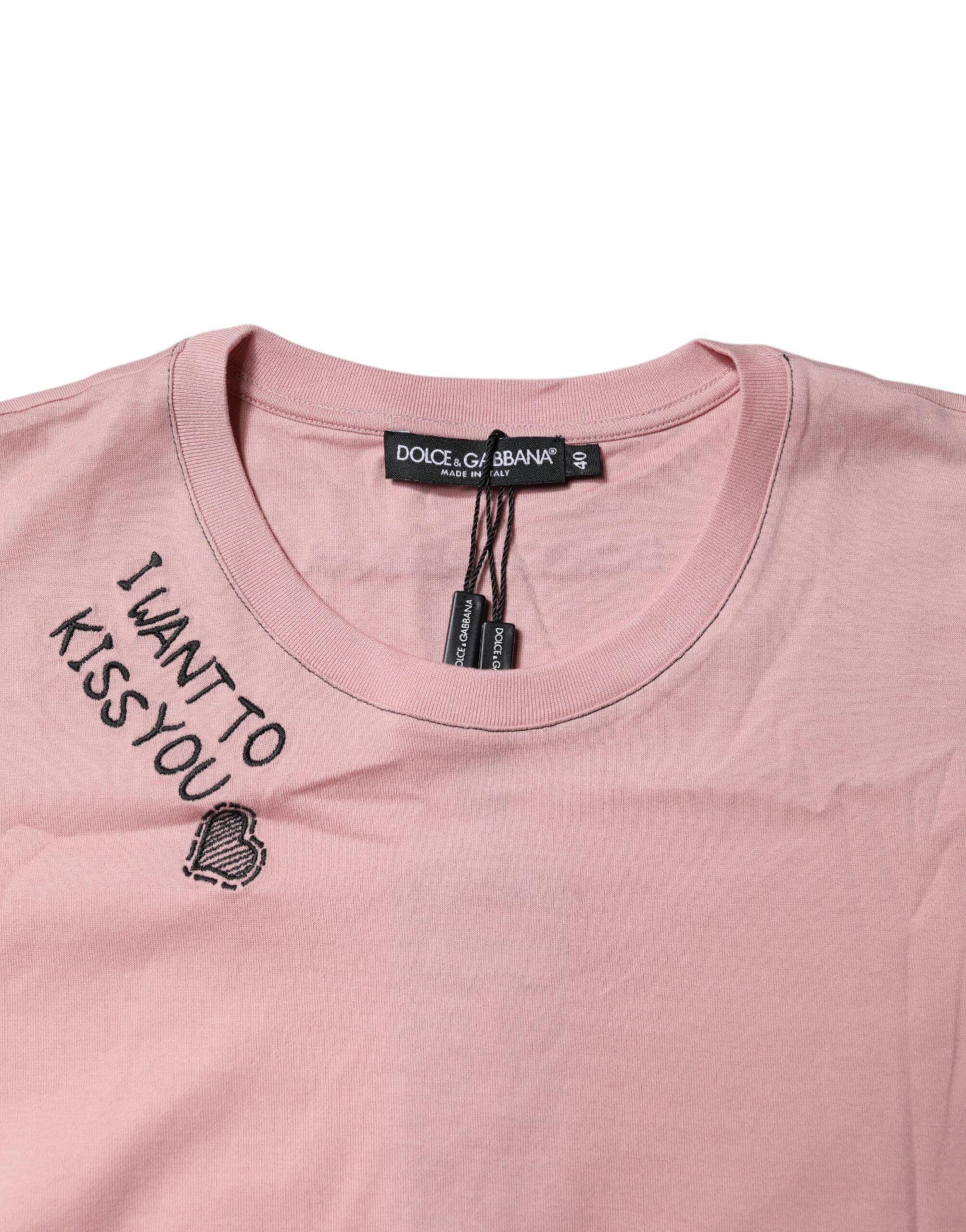 Camiseta de algodón con cuello redondo y estampado del logotipo rosa de Dolce &amp; Gabbana