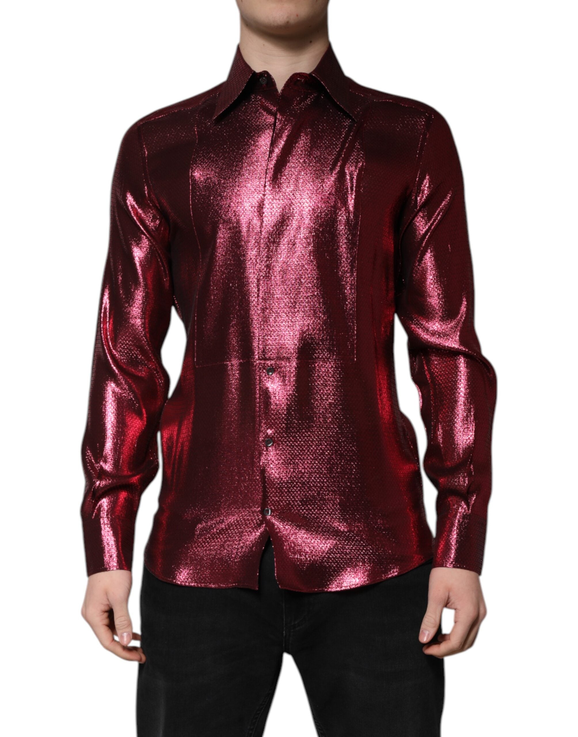 Dolce & Gabbana Metallic Red Cotton GOLD Dress Formal Shirt