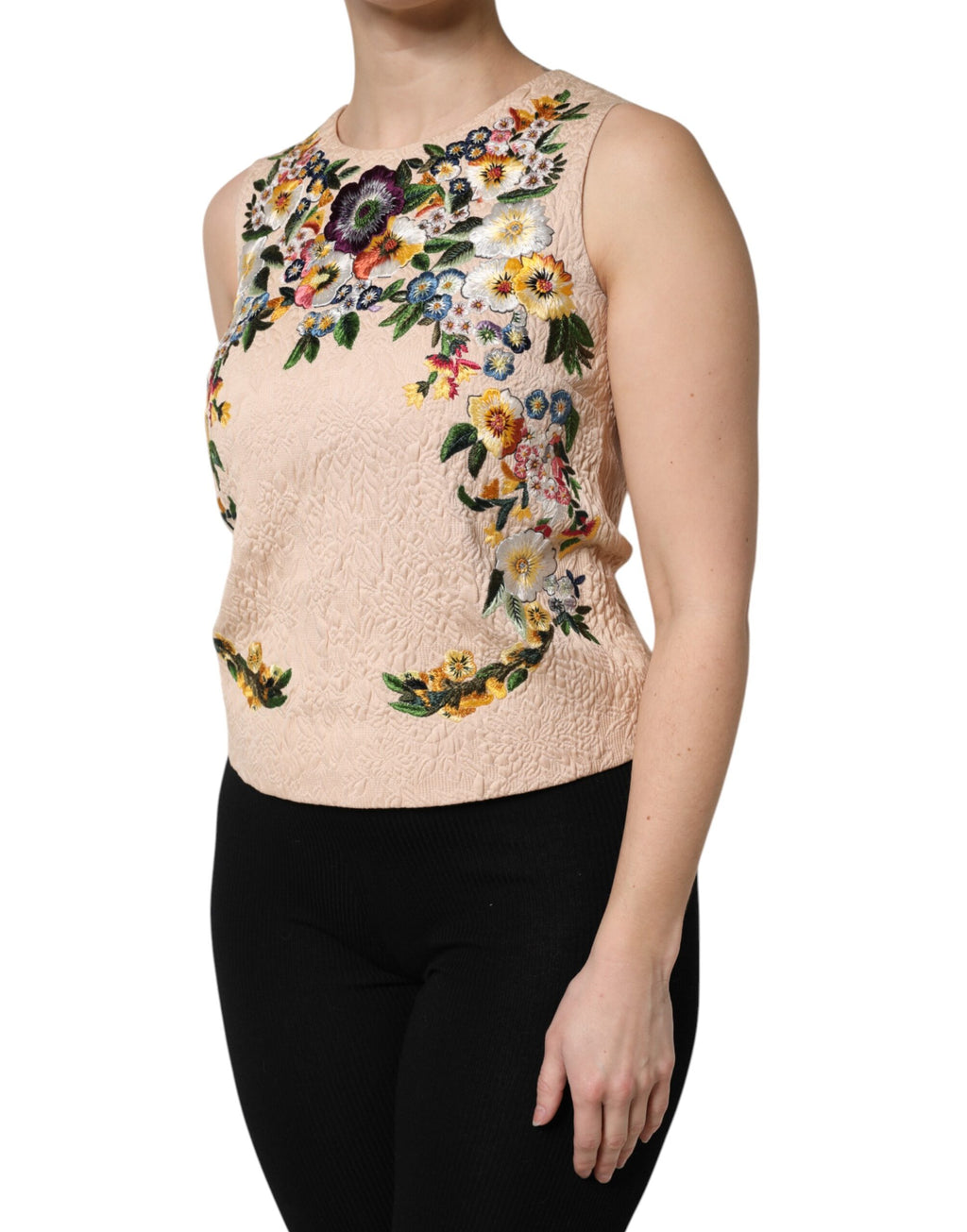 Camiseta sin mangas con bordado floral beige de Dolce &amp; Gabbana