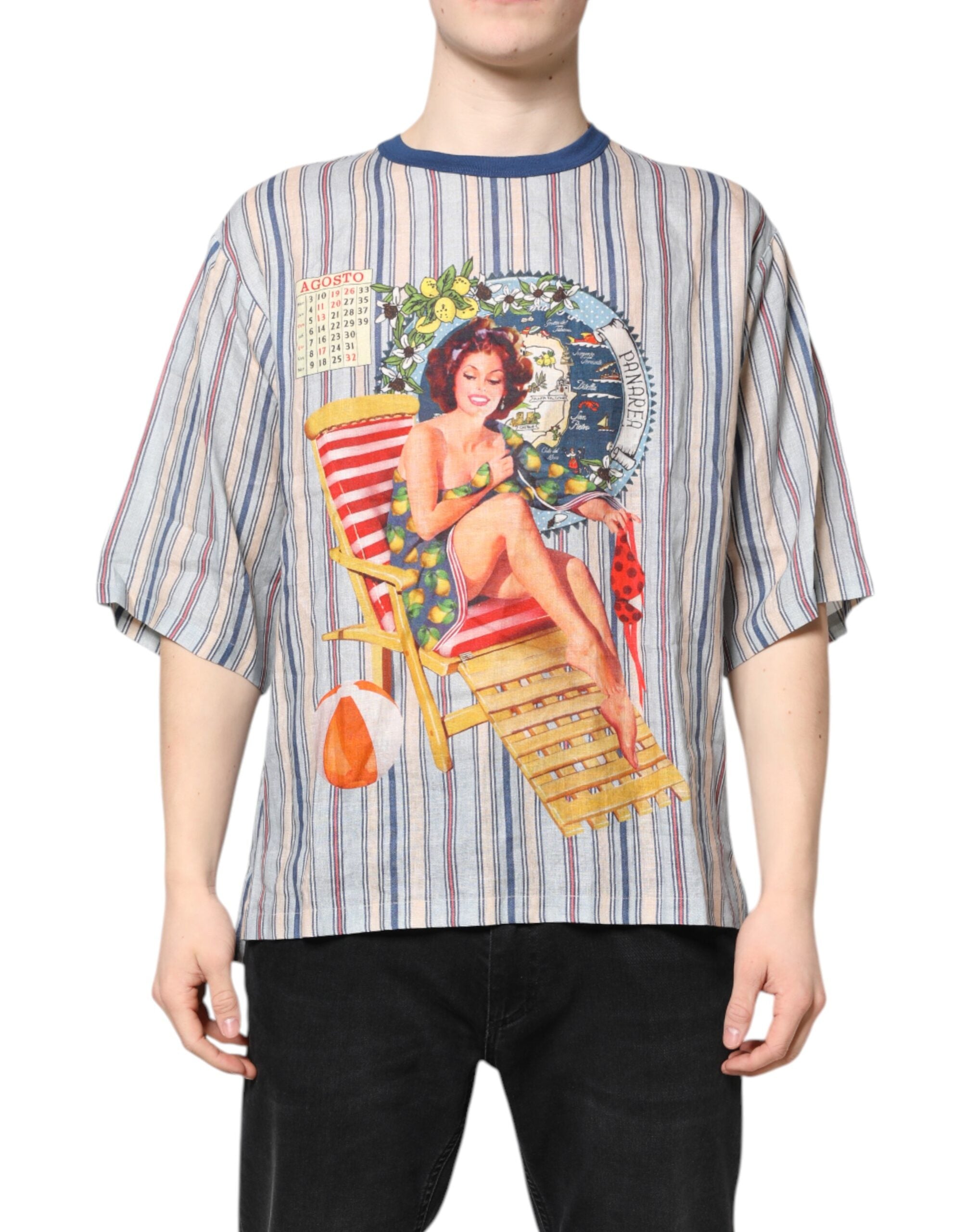 Camiseta de lino con cuello redondo y rayas multicolor de Dolce &amp; Gabbana