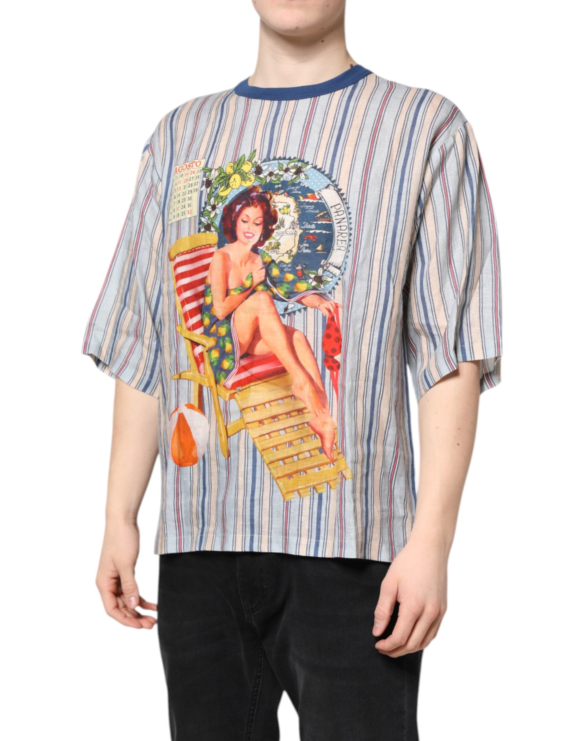 Camiseta de lino con cuello redondo y rayas multicolor de Dolce &amp; Gabbana