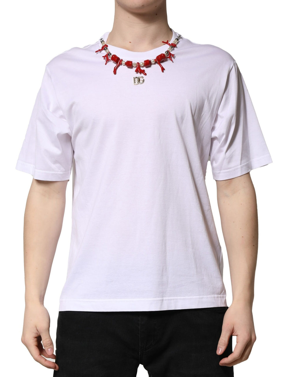 Camiseta blanca de algodón con cuello redondo y adornos de Dolce &amp; Gabbana