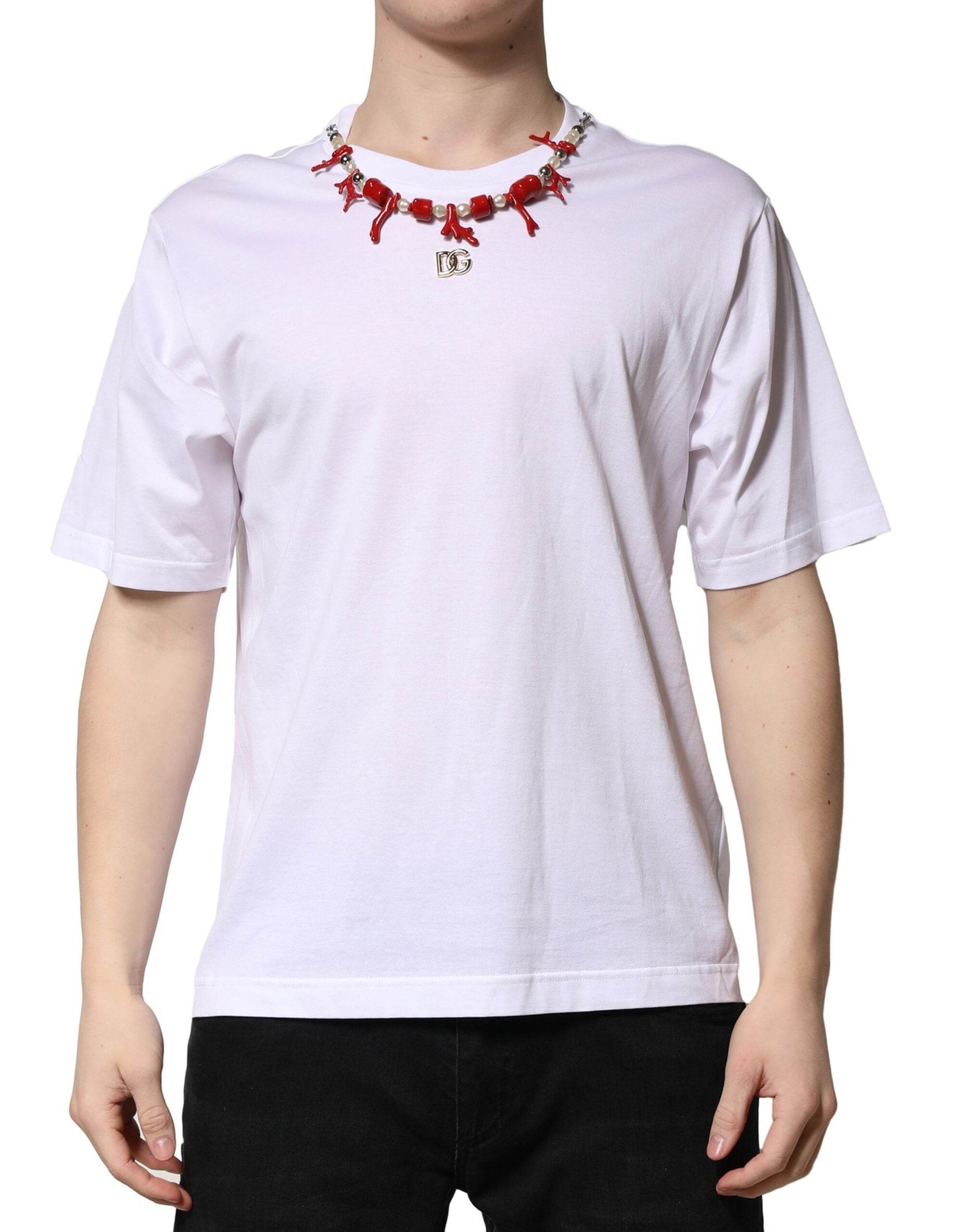 Camiseta blanca de algodón con cuello redondo y adornos de Dolce &amp; Gabbana