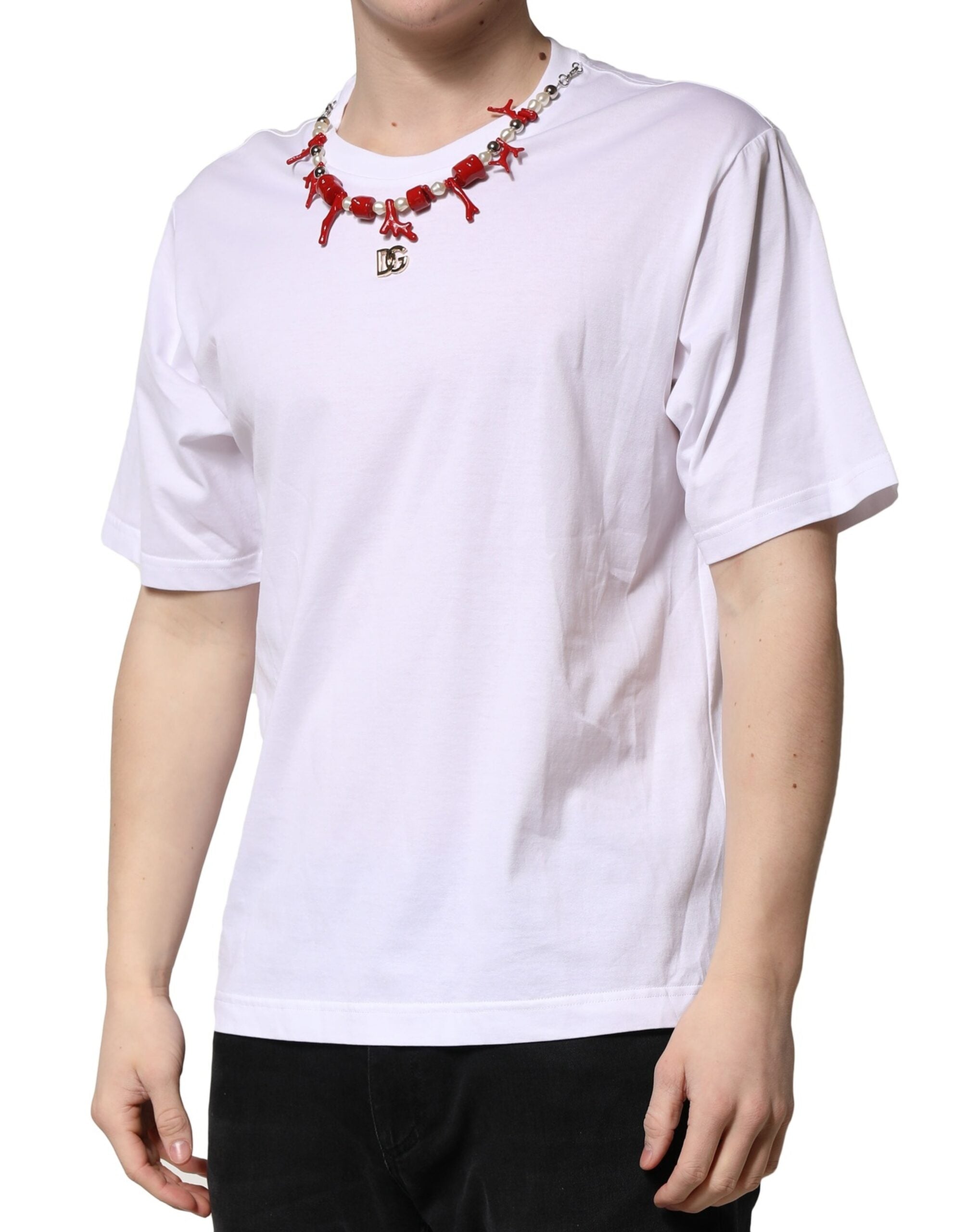 Camiseta blanca de algodón con cuello redondo y adornos de Dolce &amp; Gabbana