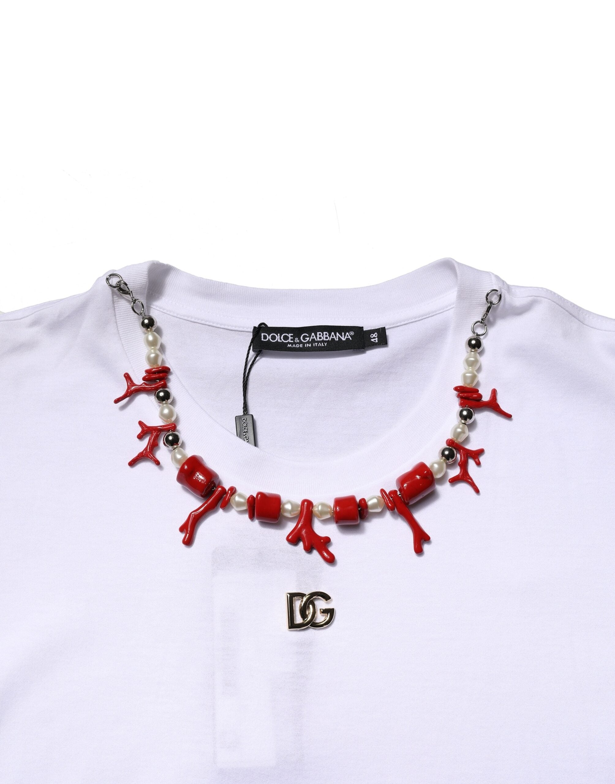 Camiseta blanca de algodón con cuello redondo y adornos de Dolce &amp; Gabbana