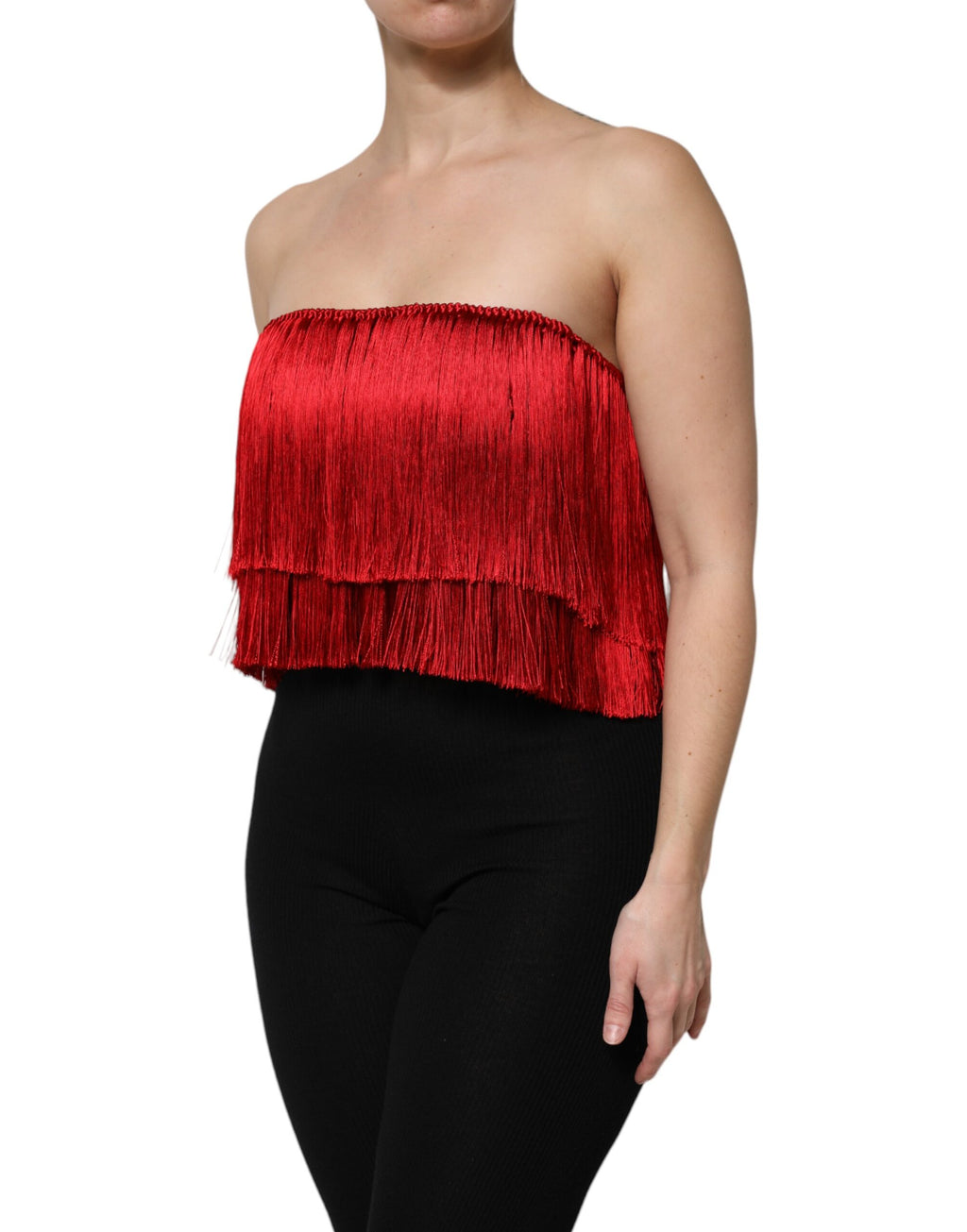 Top corto de tubo con flecos y sin tirantes de seda roja de Dolce &amp; Gabbana