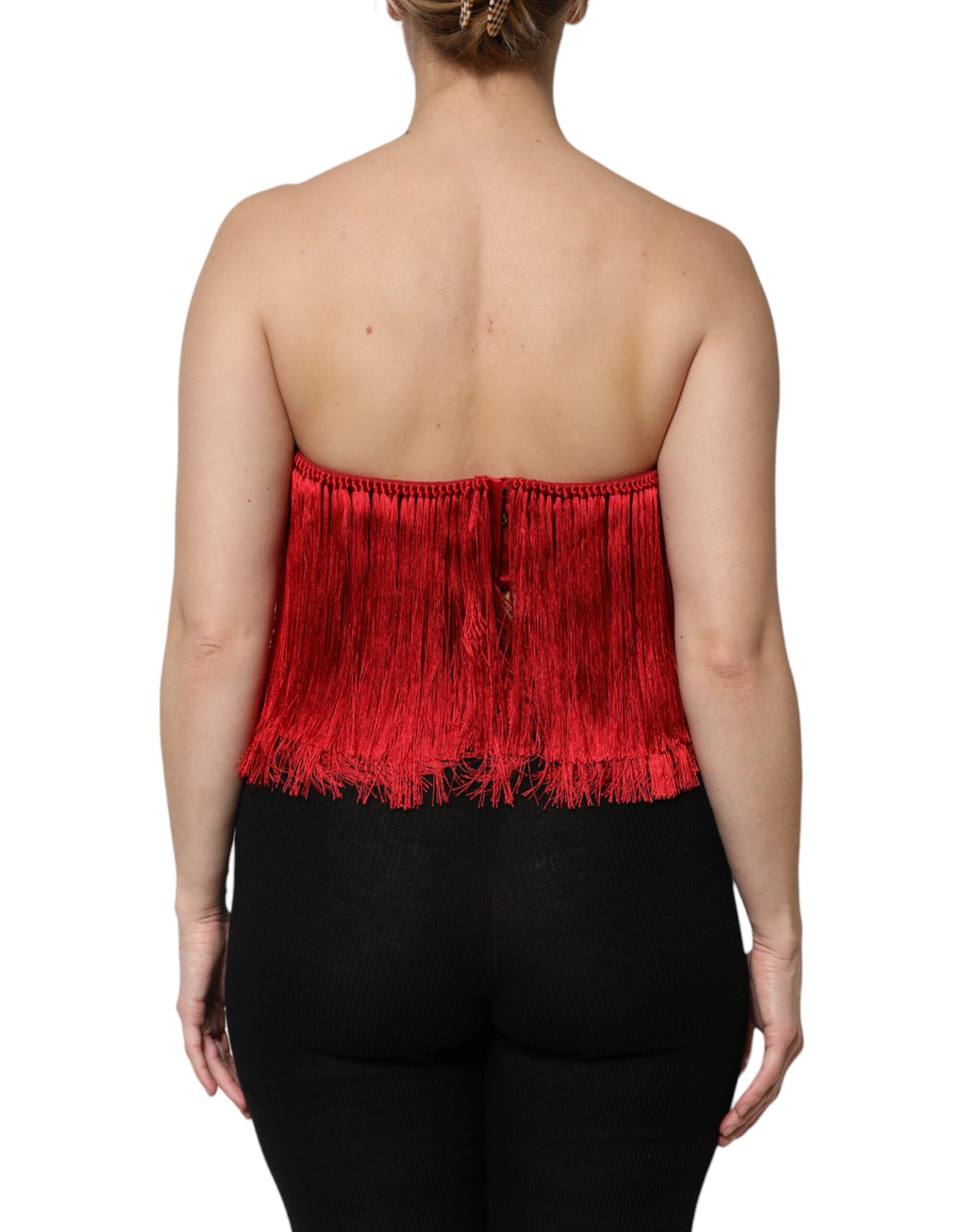 Top corto de tubo con flecos y sin tirantes de seda roja de Dolce &amp; Gabbana