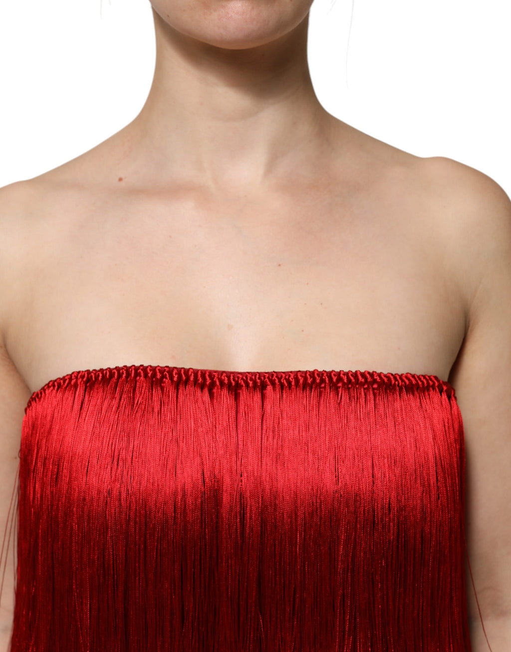 Top corto de tubo con flecos y sin tirantes de seda roja de Dolce &amp; Gabbana