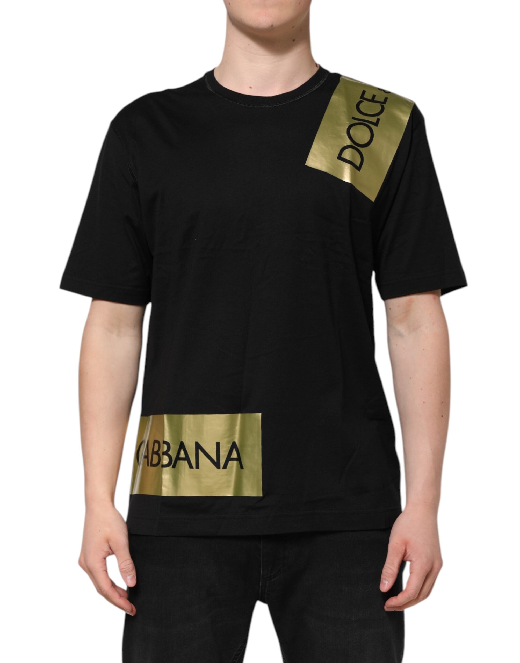 Camiseta de algodón con cuello redondo y cinta con el logotipo negro de Dolce &amp; Gabbana para hombre