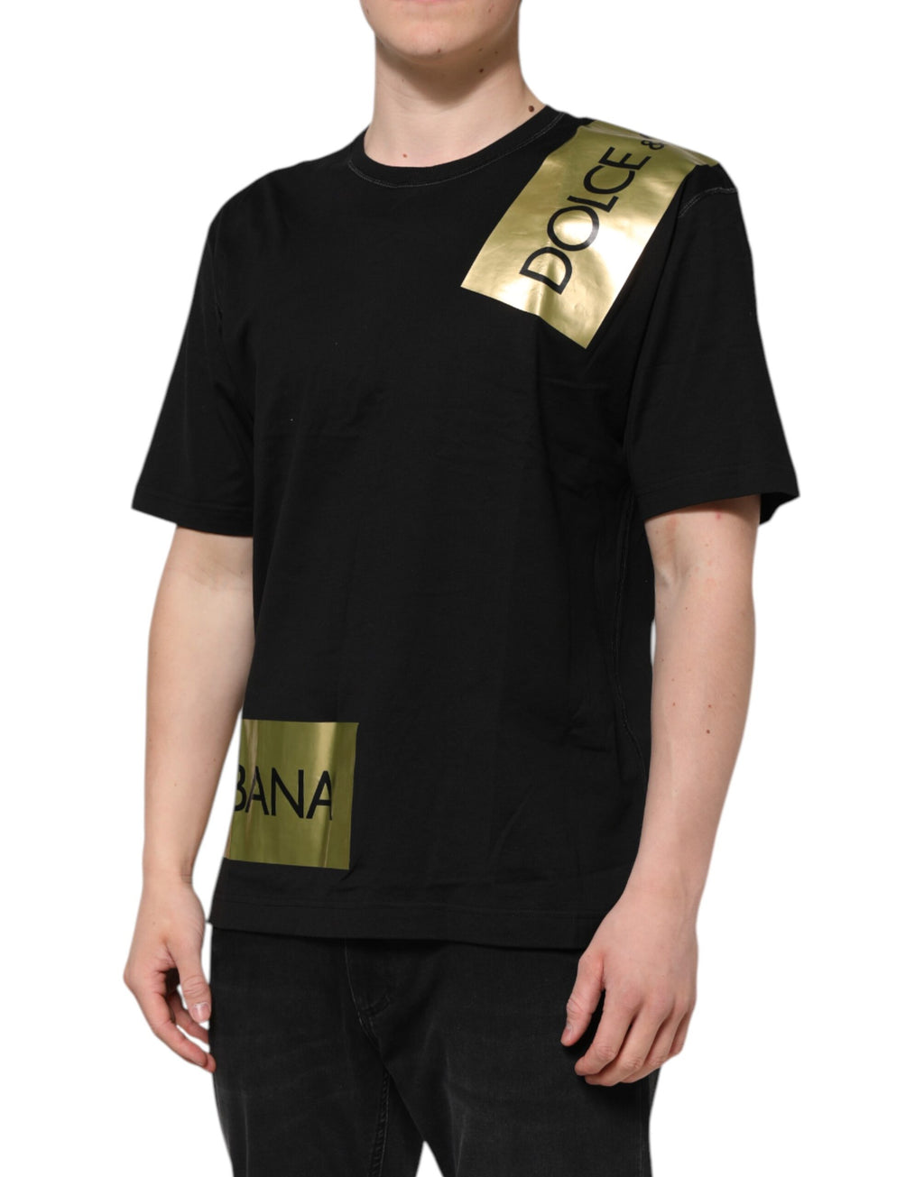Camiseta de algodón con cuello redondo y cinta con el logotipo negro de Dolce &amp; Gabbana para hombre