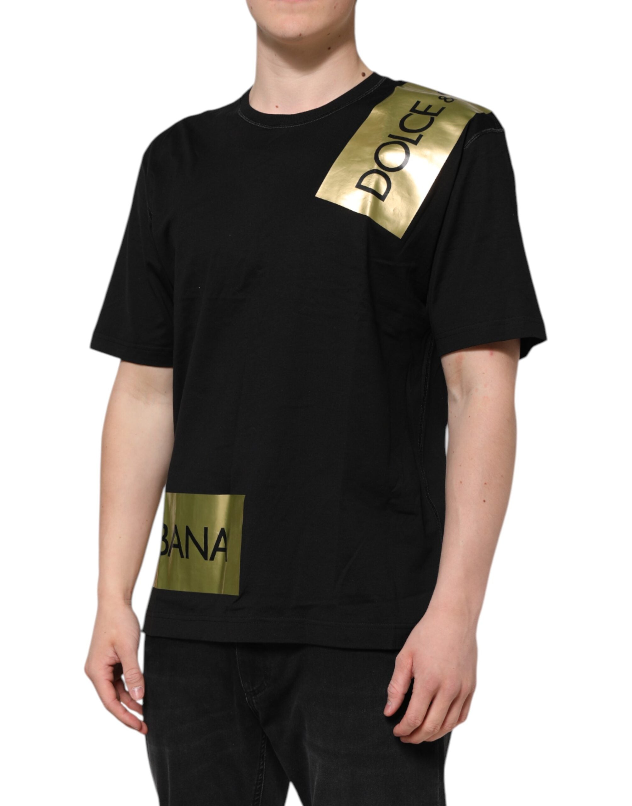 Camiseta de algodón con cuello redondo y cinta con el logotipo negro de Dolce &amp; Gabbana para hombre