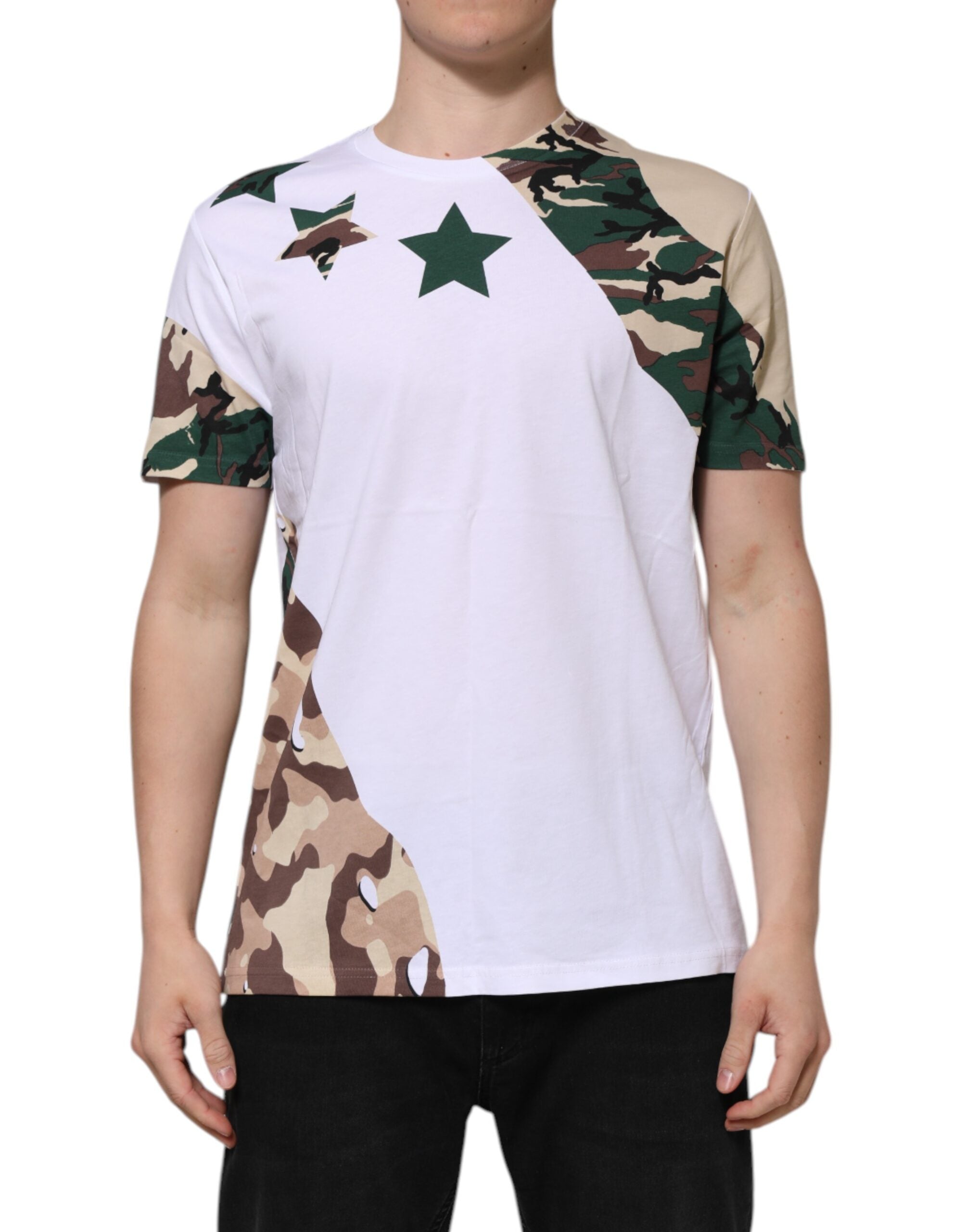 Camiseta de algodón con cuello redondo y estampado de camuflaje blanco de Dolce &amp; Gabbana para hombre