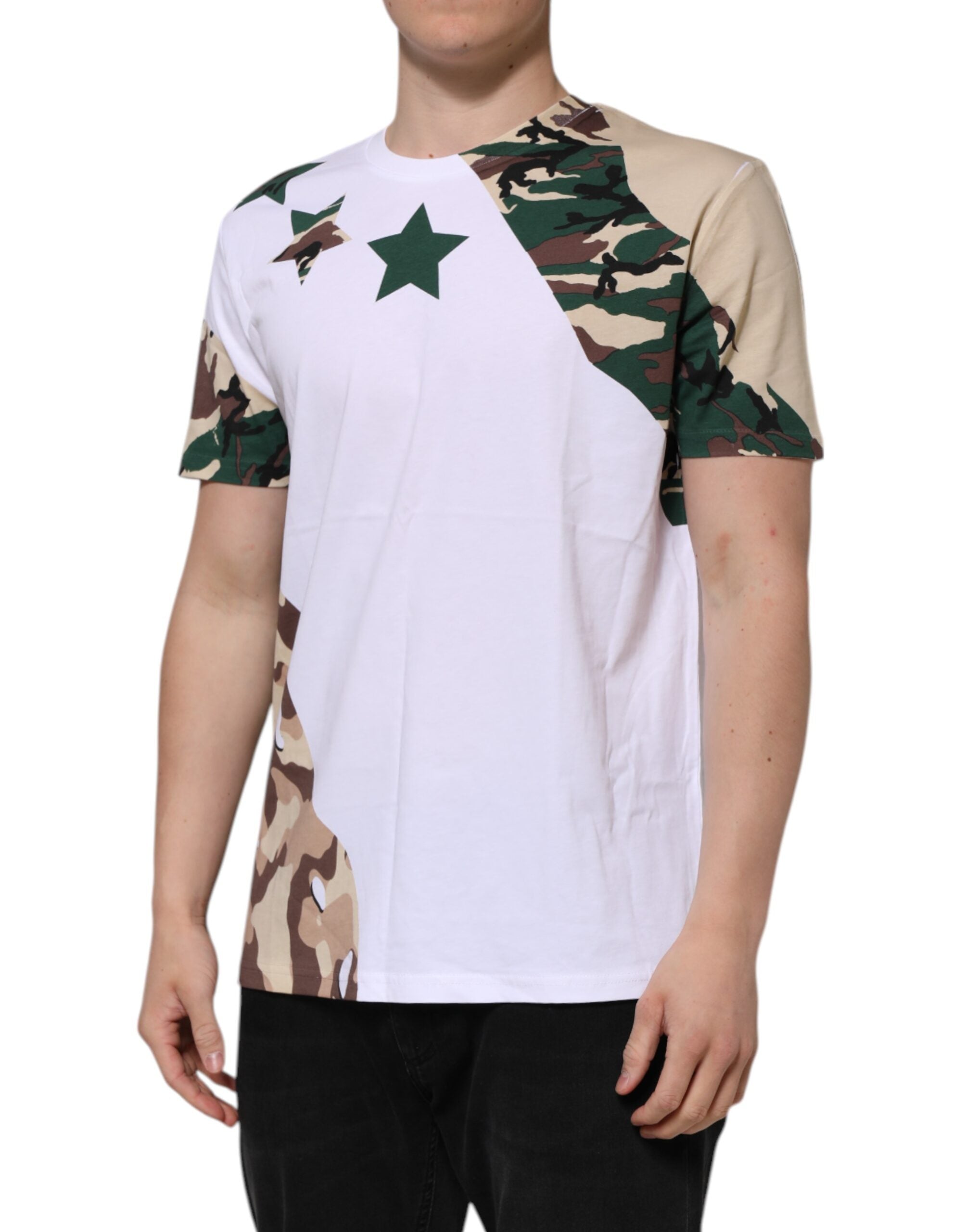 Camiseta de algodón con cuello redondo y estampado de camuflaje blanco de Dolce &amp; Gabbana para hombre