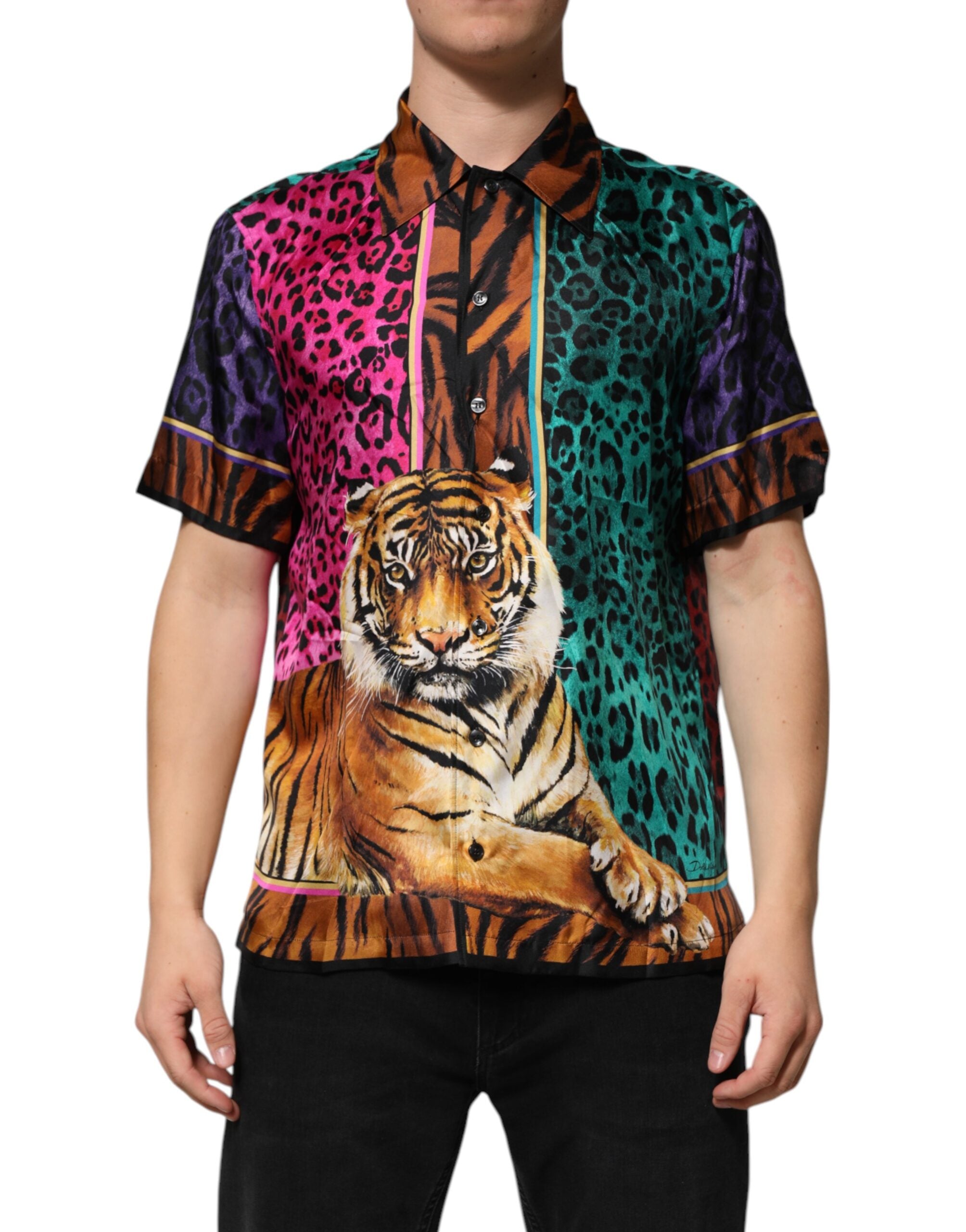 Camiseta hawaiana con estampado de tigre de seda multicolor de Dolce &amp; Gabbana