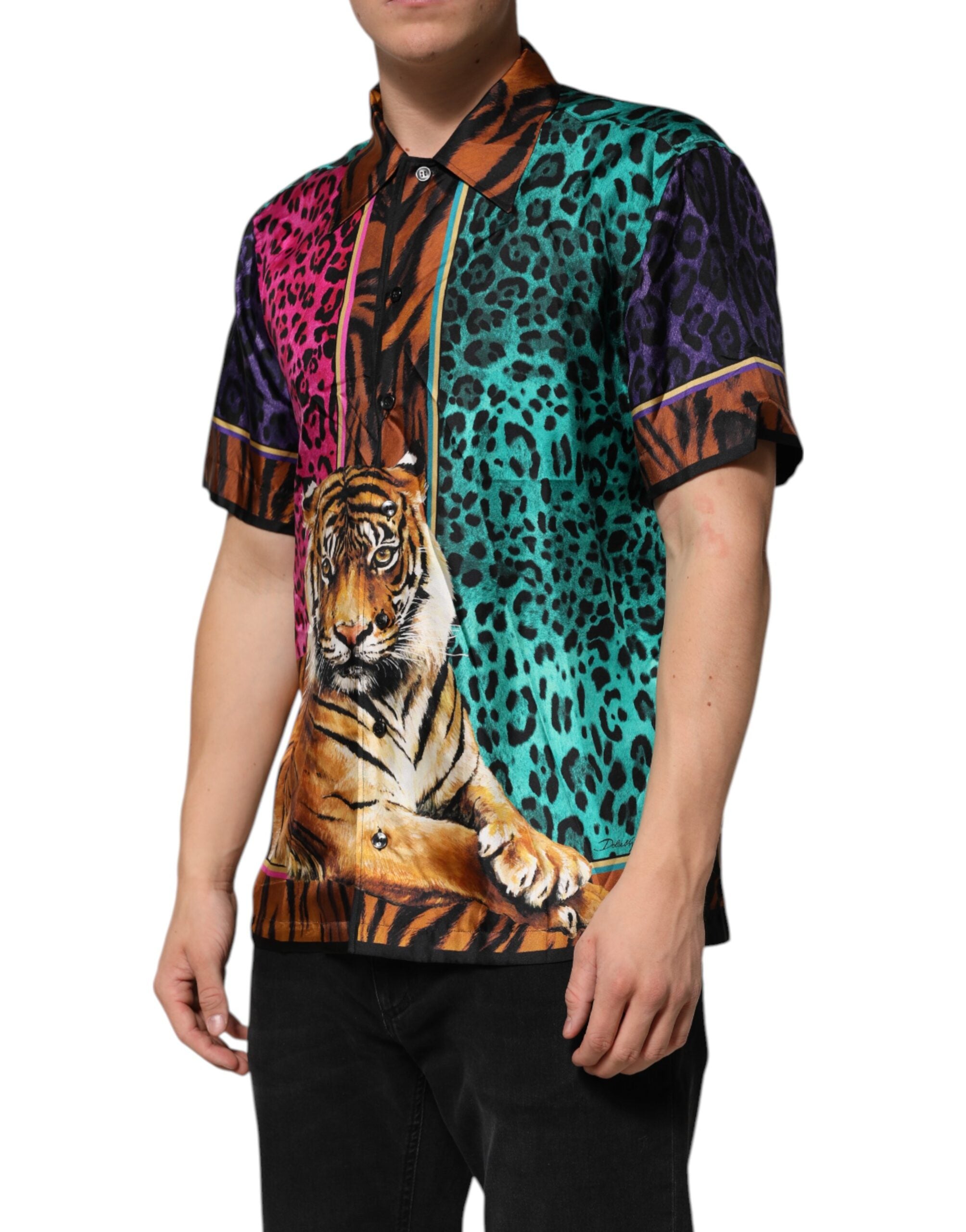 Camiseta hawaiana con estampado de tigre de seda multicolor de Dolce &amp; Gabbana