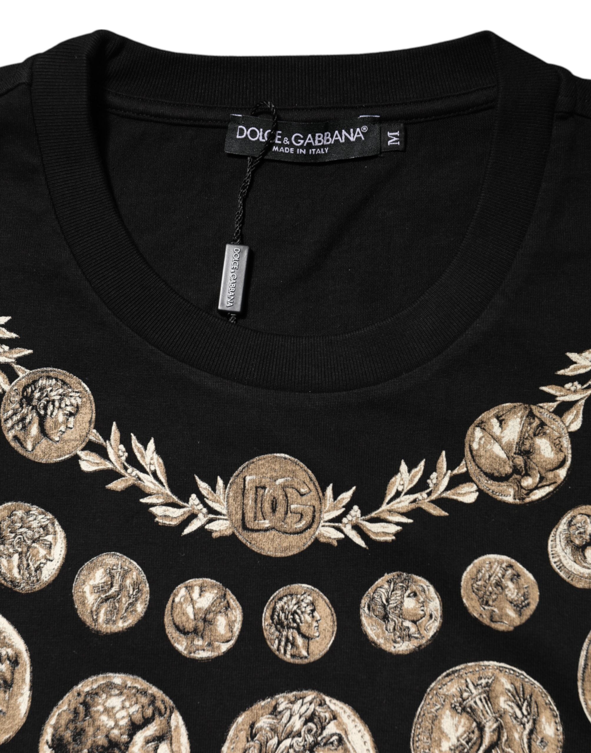 Camiseta de algodón con cuello redondo y estampado de monedas negras de Dolce &amp; Gabbana