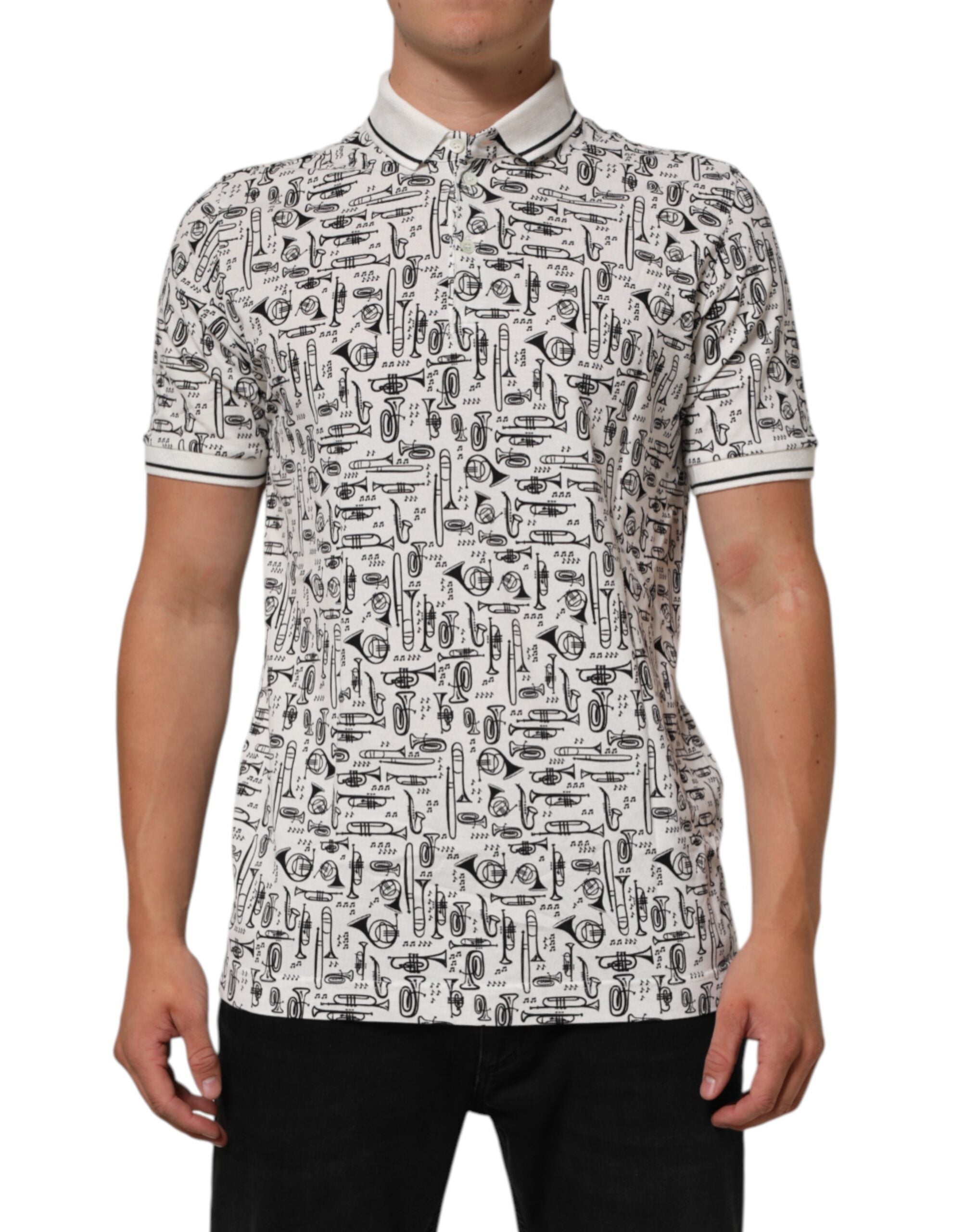 Dolce & Gabbana White Musical Print Collared Polo T-shirt