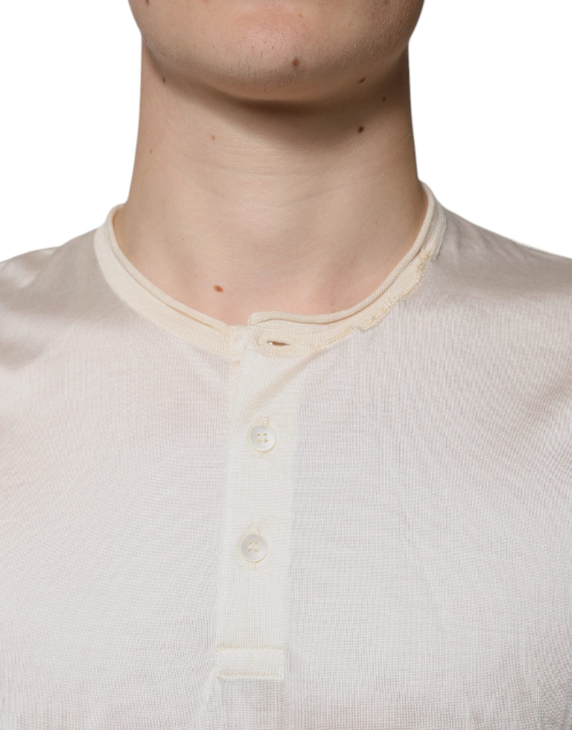 Dolce & Gabbana Off White Silk Henley Short Sleeves T-Shirt