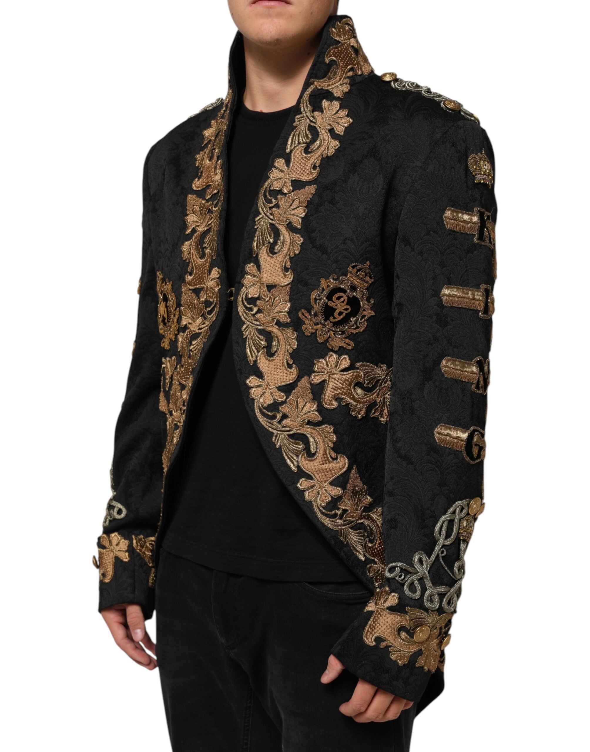 Dolce & Gabbana Black Brocade Embroidery Men Coat Jacket