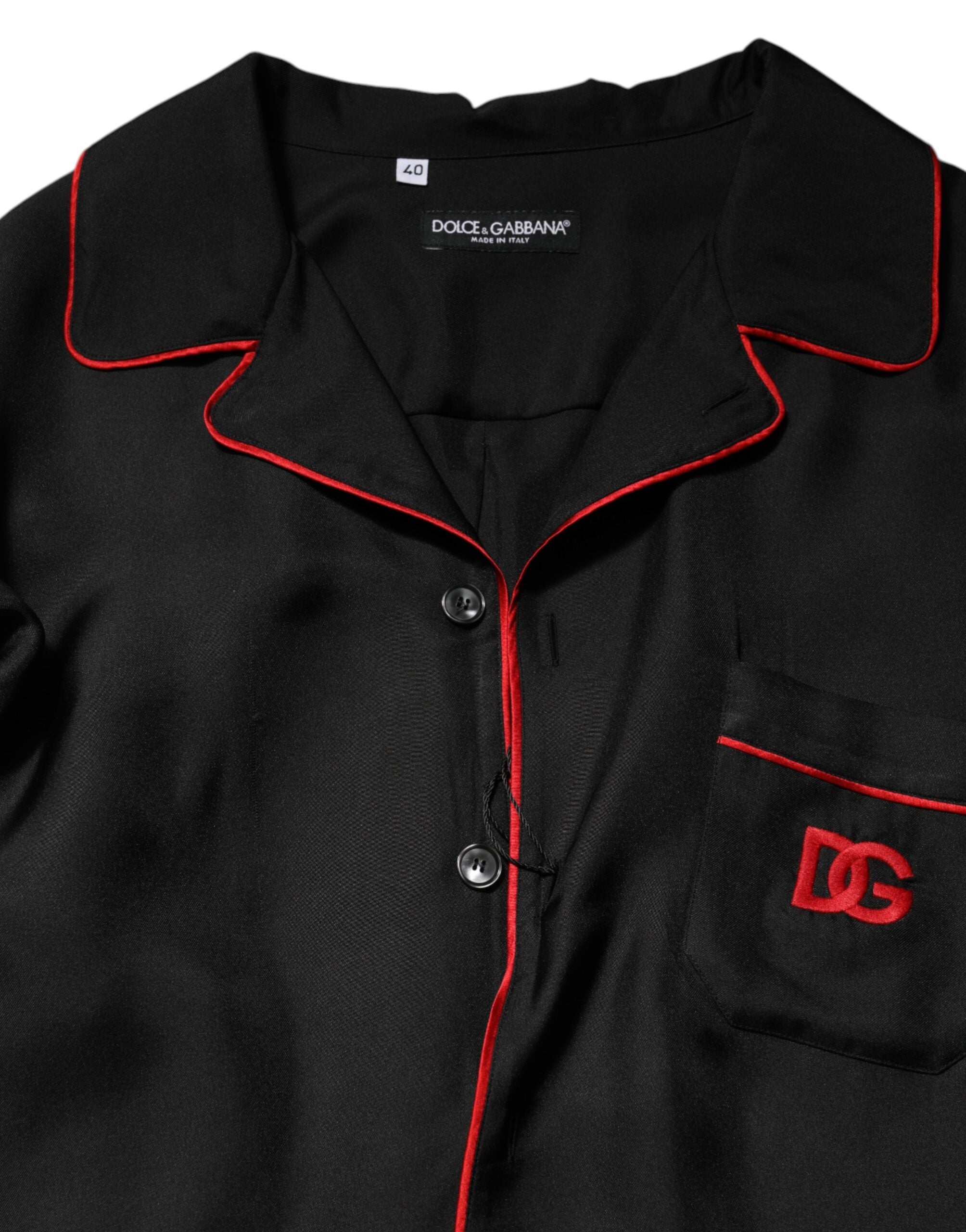 Dolce & Gabbana Black Red Contrast Trim Silk Casual Shirt