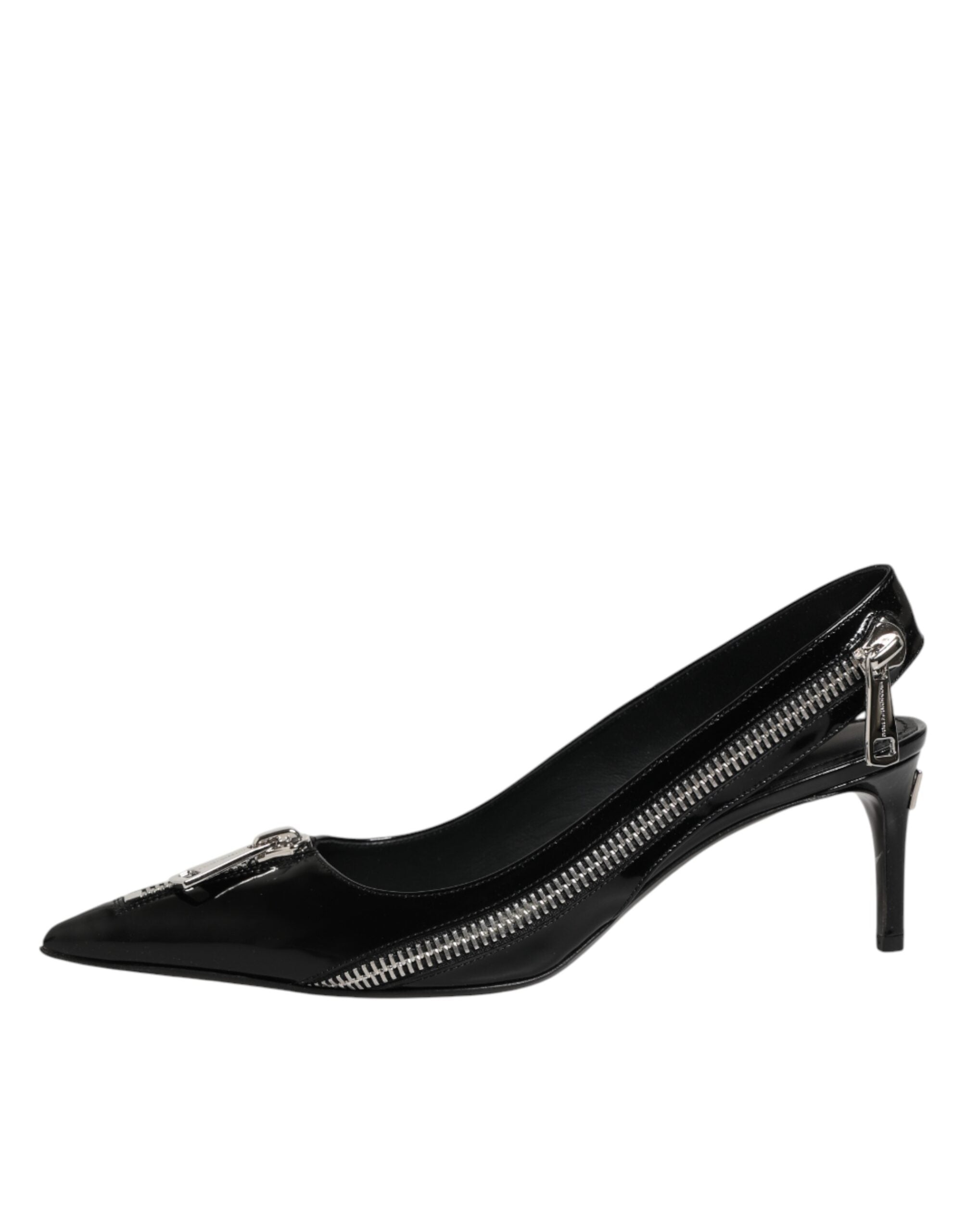 Dolce & Gabbana Black Zipper Leather Heels Slingbacks Shoes