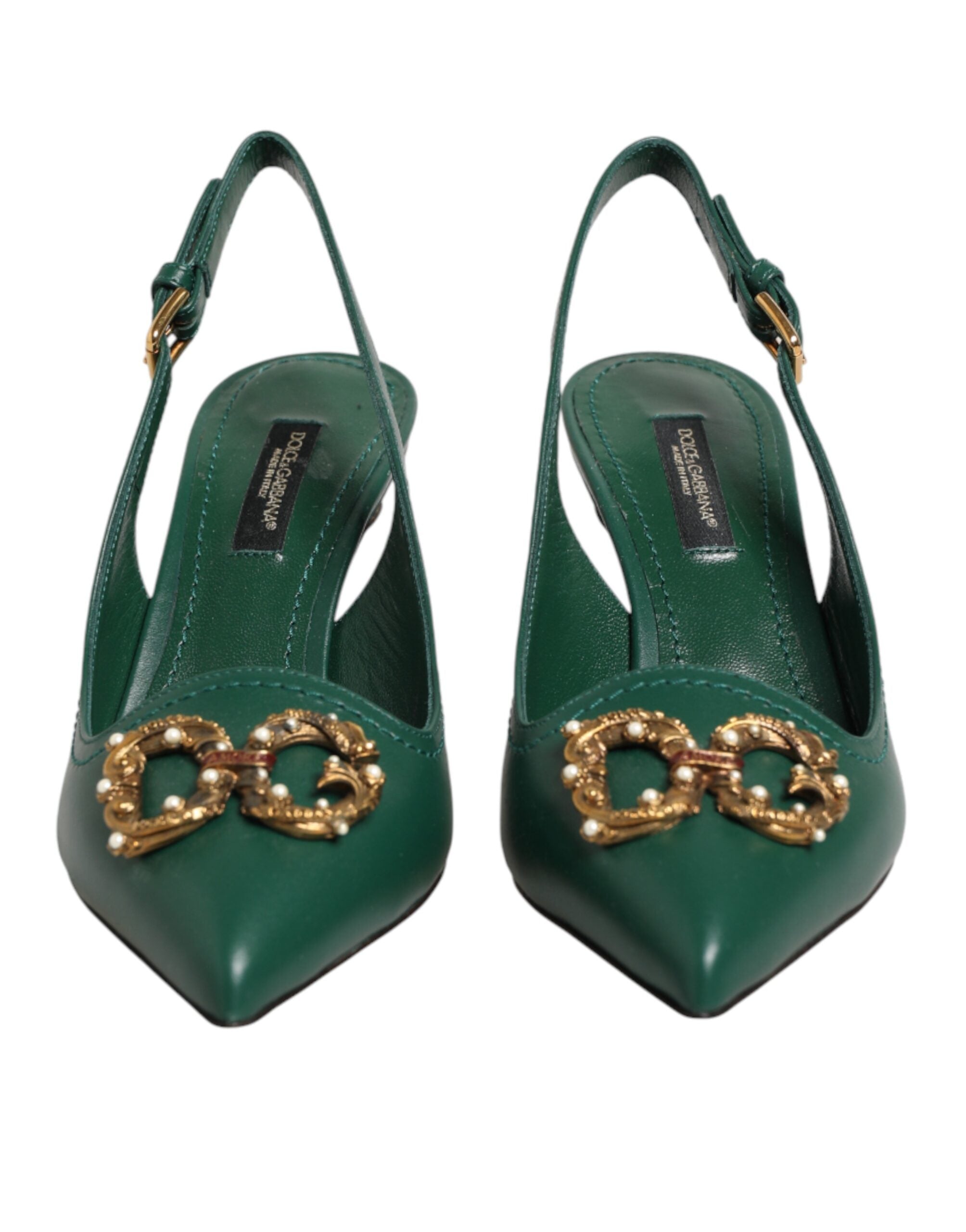 Dolce & Gabbana Green Leather AMORE Heels Slingbacks Shoes