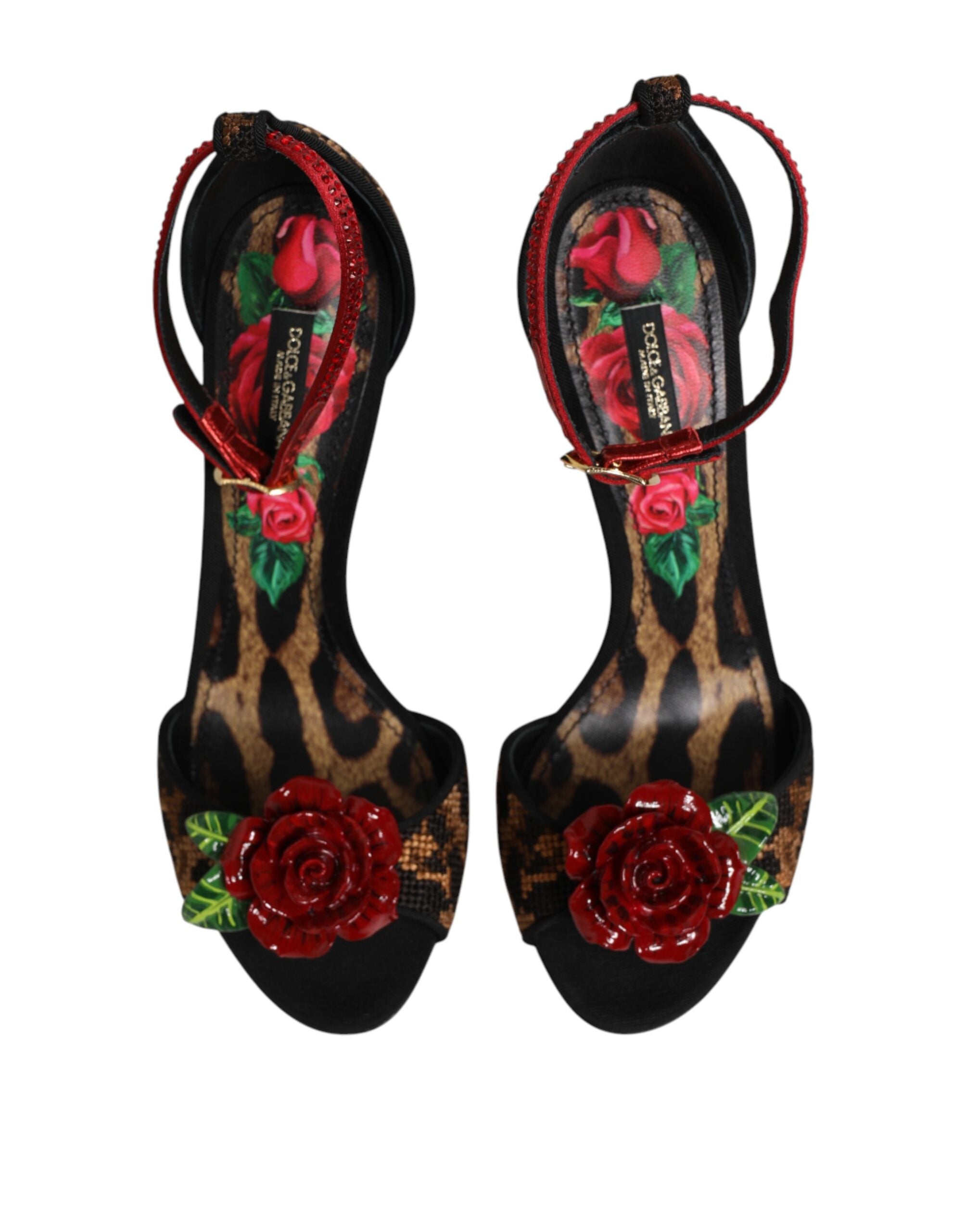 Dolce & Gabbana Brown Leopard Crystal Roses Sandals Shoes