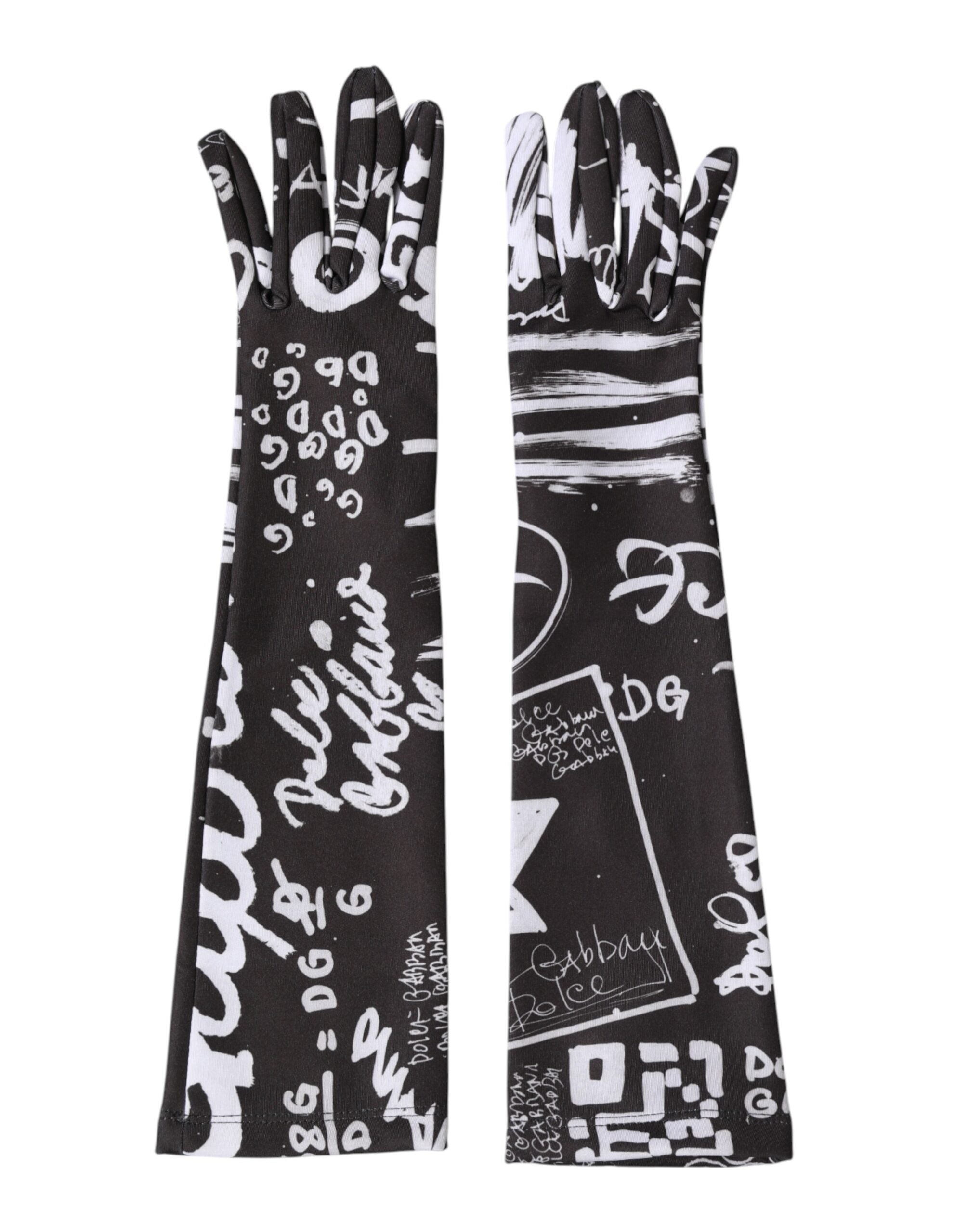 Dolce & Gabbana Black White DG Logo Elbow Length Mitten Gloves