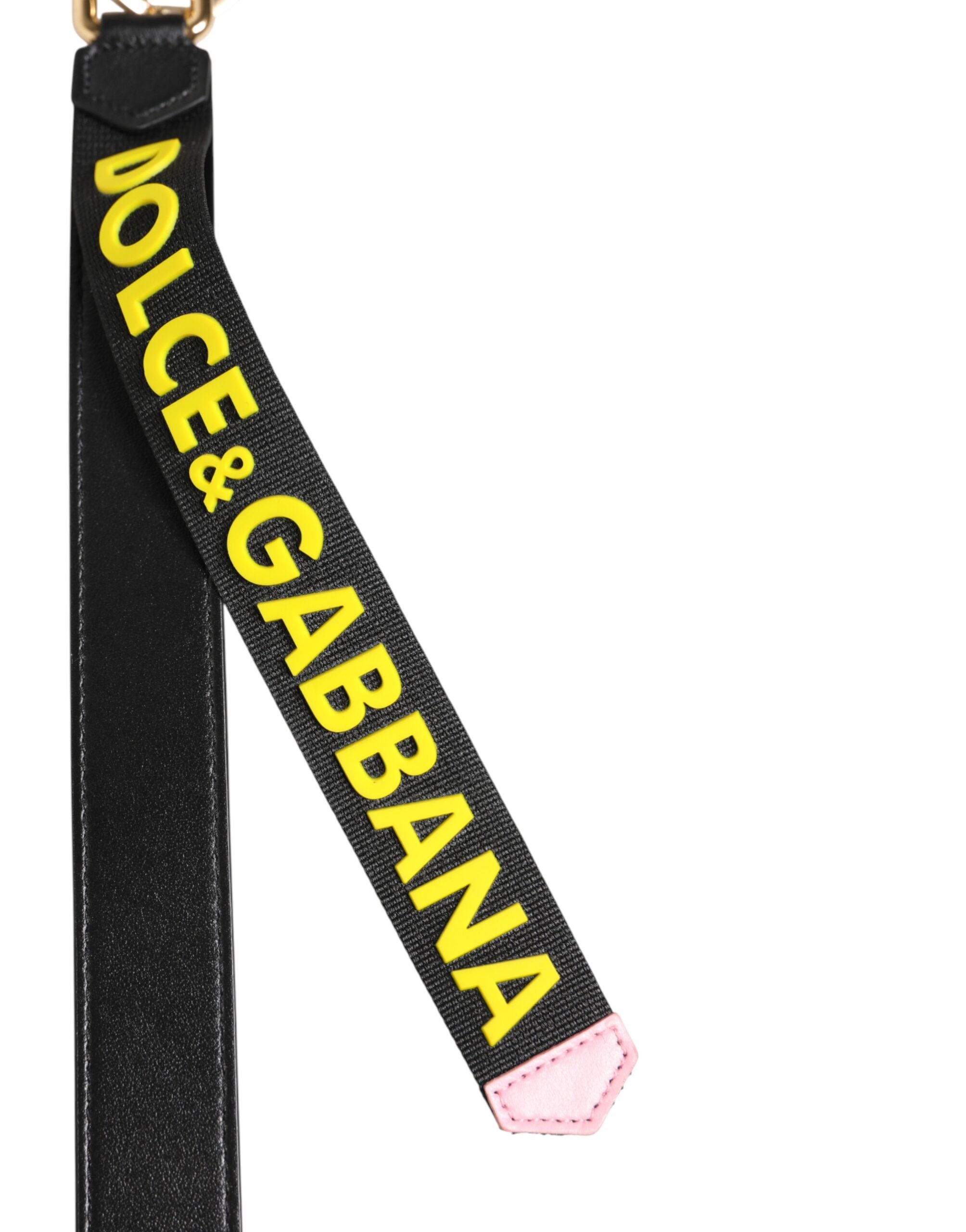 Dolce & Gabbana Black Yellow Logo Letaher Brass Holder Keychain Keyring